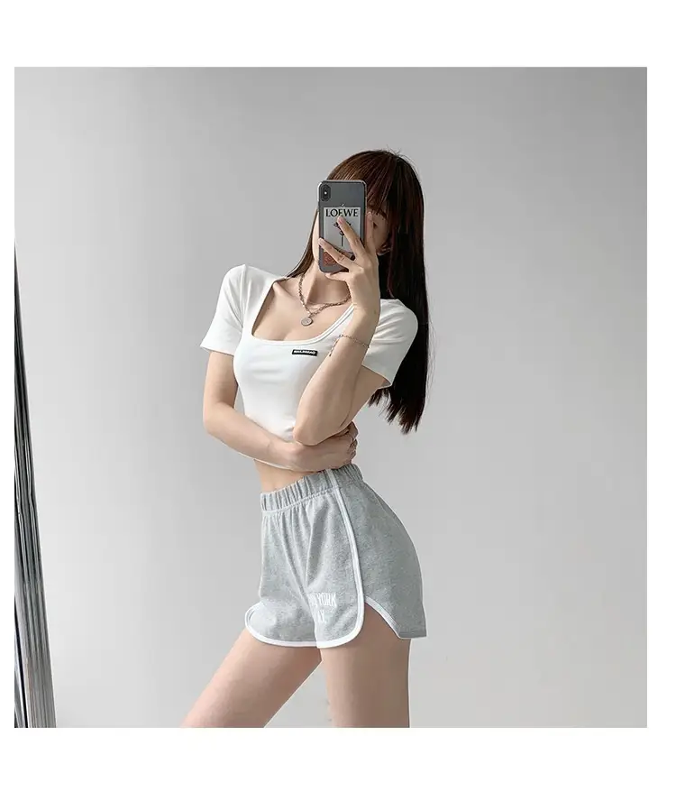 Women's 2025 Summer Light Blue Crop Top with Collarbone Exposing Design — feature 14