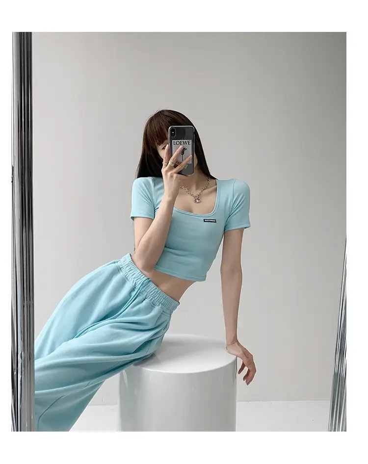 Women's 2025 Summer Light Blue Crop Top with Collarbone Exposing Design — feature 3