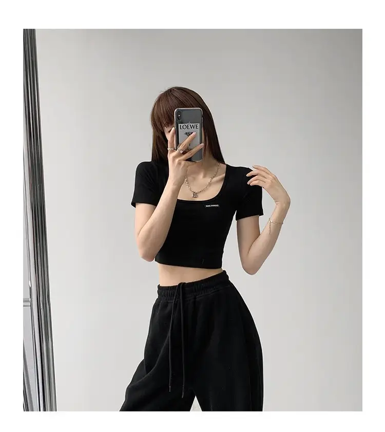 Women's 2025 Summer Light Blue Crop Top with Collarbone Exposing Design — feature 4