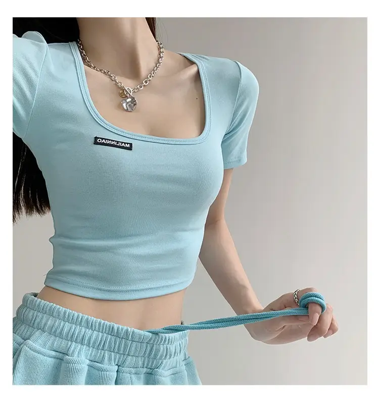 Women's 2025 Summer Light Blue Crop Top with Collarbone Exposing Design — feature 5