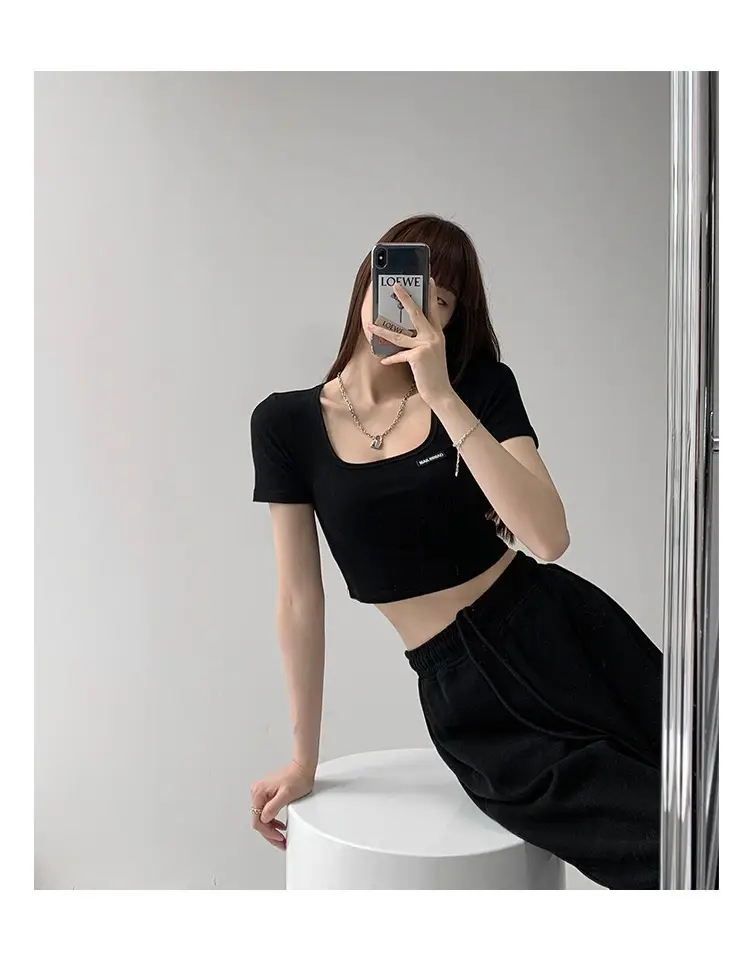 Women's 2025 Summer Light Blue Crop Top with Collarbone Exposing Design — feature 6