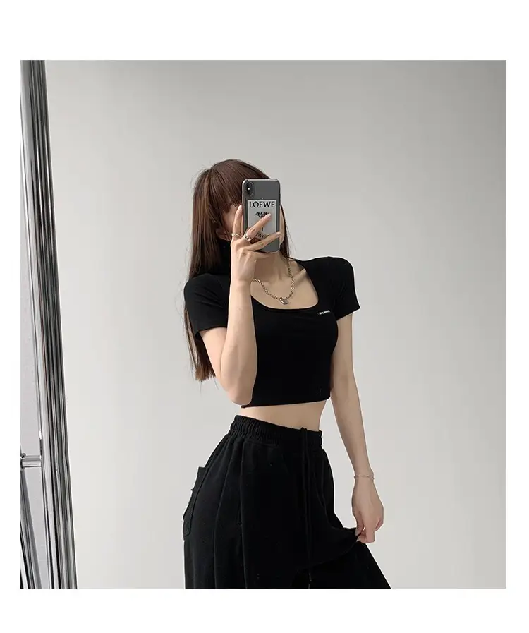 Women's 2025 Summer Light Blue Crop Top with Collarbone Exposing Design — feature 7