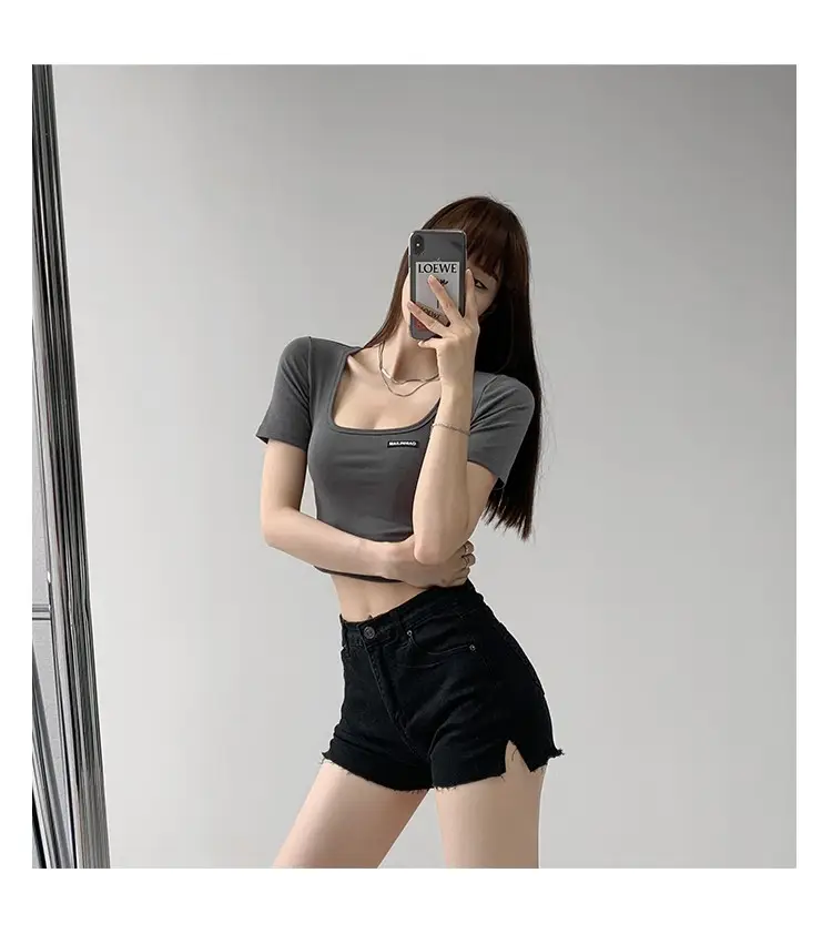 Women's 2025 Summer Light Blue Crop Top with Collarbone Exposing Design — feature 9