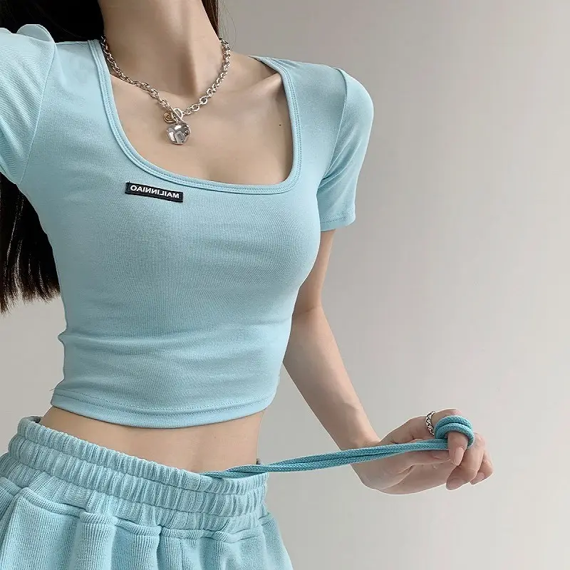 Women's 2025 Summer Light Blue Crop Top with Collarbone Exposing Design - Image 4