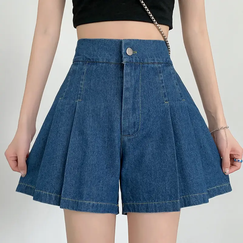 Washed Denim Shorts Women 2025 Summer Wide Leg Elastic Waist - Image 2