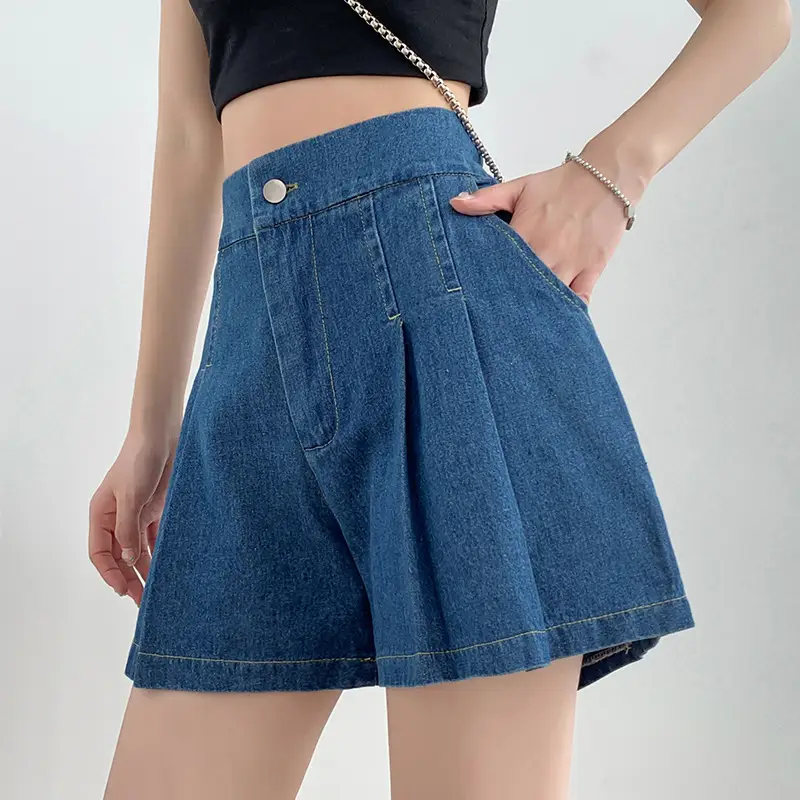 Washed Denim Shorts Women 2025 Summer Wide Leg Elastic Waist - Image 4