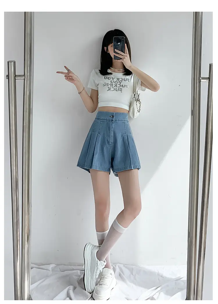 Washed Denim Shorts Women 2025 Summer Wide Leg Elastic Waist — feature 12