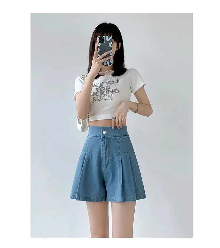 Washed Denim Shorts Women 2025 Summer Wide Leg Elastic Waist — feature 14