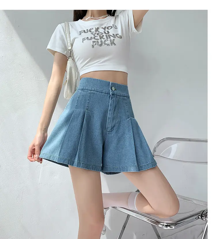 Washed Denim Shorts Women 2025 Summer Wide Leg Elastic Waist — feature 19