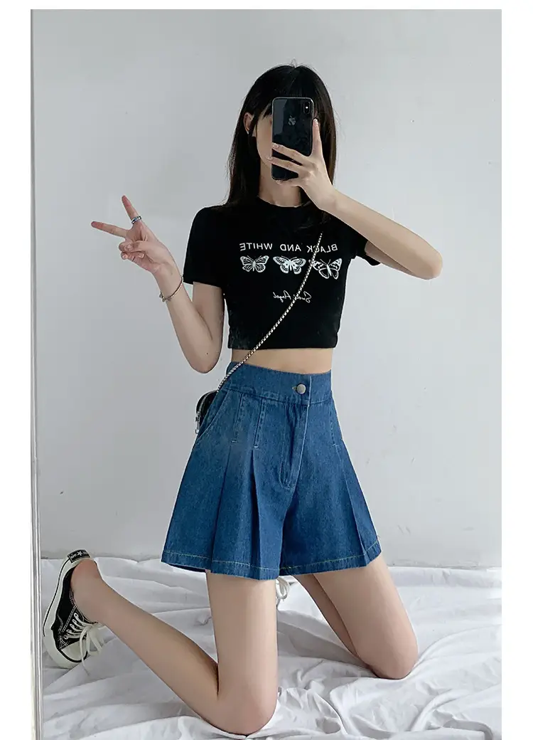 Washed Denim Shorts Women 2025 Summer Wide Leg Elastic Waist — feature 22