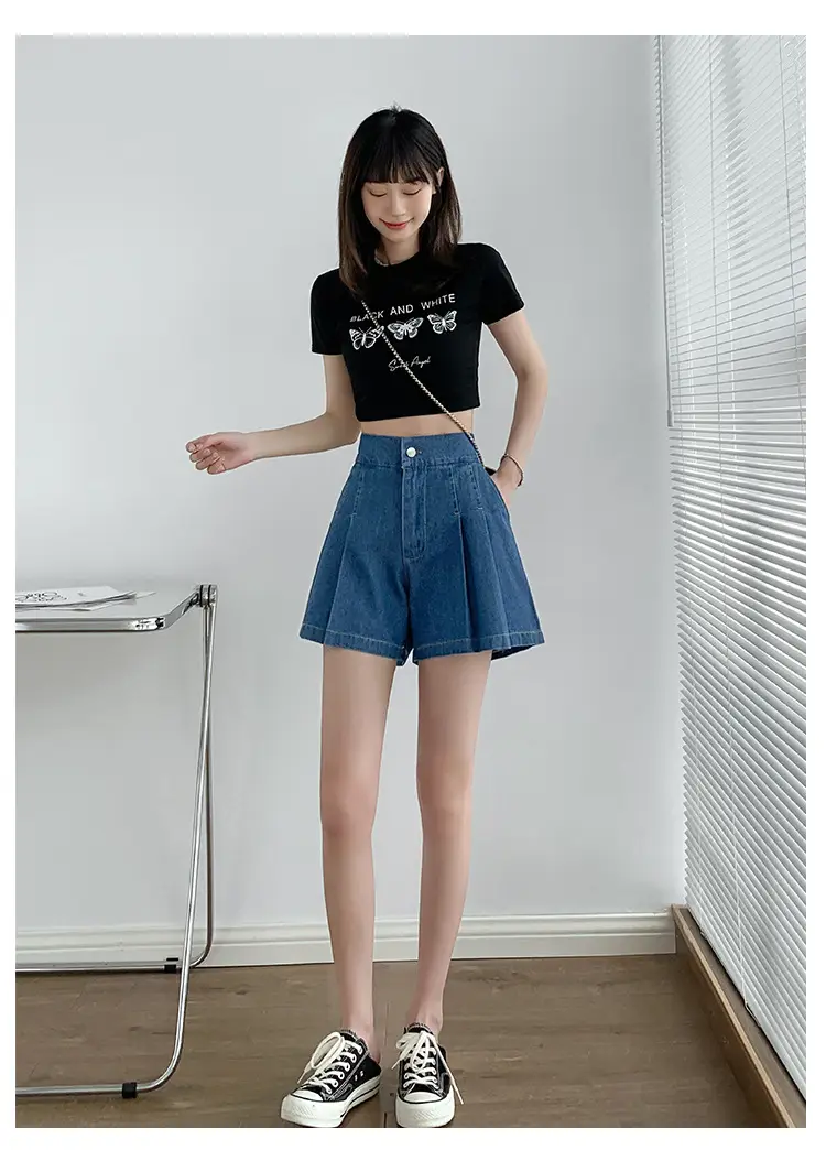 Washed Denim Shorts Women 2025 Summer Wide Leg Elastic Waist — feature 23