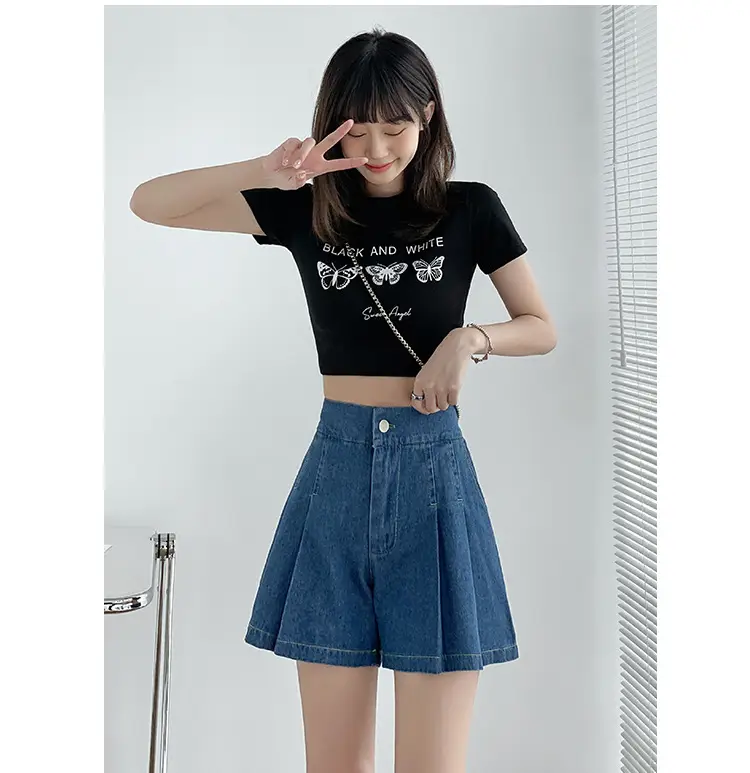 Washed Denim Shorts Women 2025 Summer Wide Leg Elastic Waist — feature 24