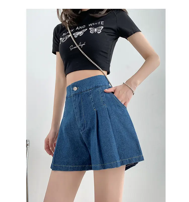 Washed Denim Shorts Women 2025 Summer Wide Leg Elastic Waist — feature 28
