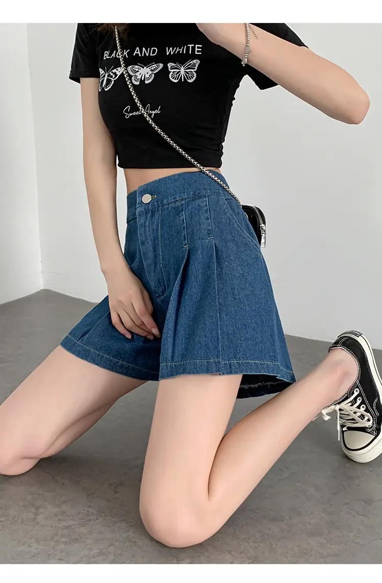 Washed Denim Shorts Women 2025 Summer Wide Leg Elastic Waist — feature 31