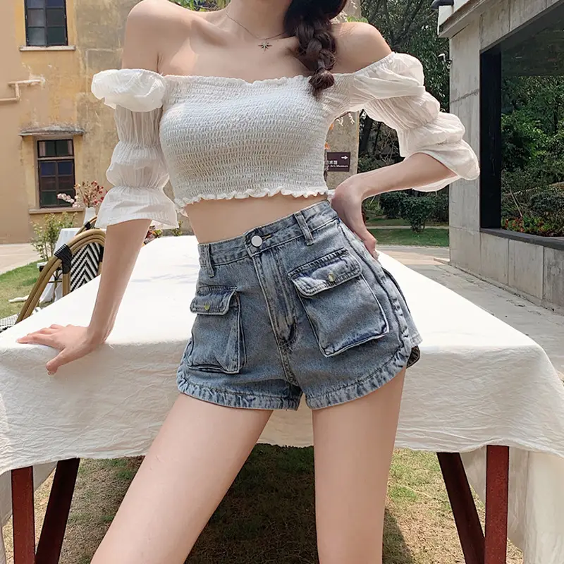 Women Denim Shorts High Waist Slimming Pocket Hot Pants Grey Wide Leg A-Line