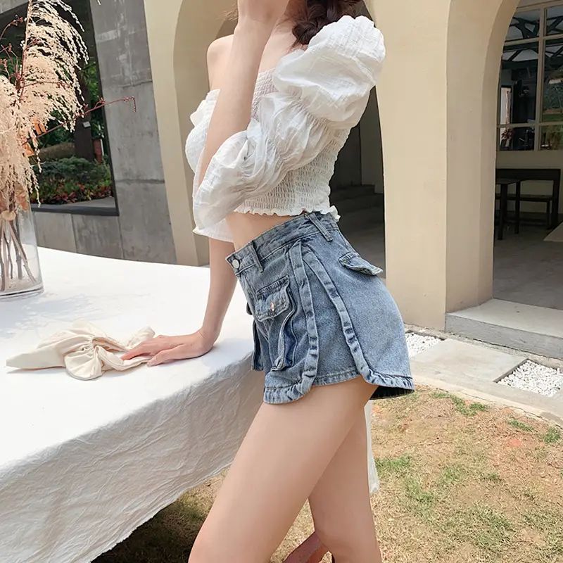 Women Denim Shorts High Waist Slimming Pocket Hot Pants Grey Wide Leg A-Line