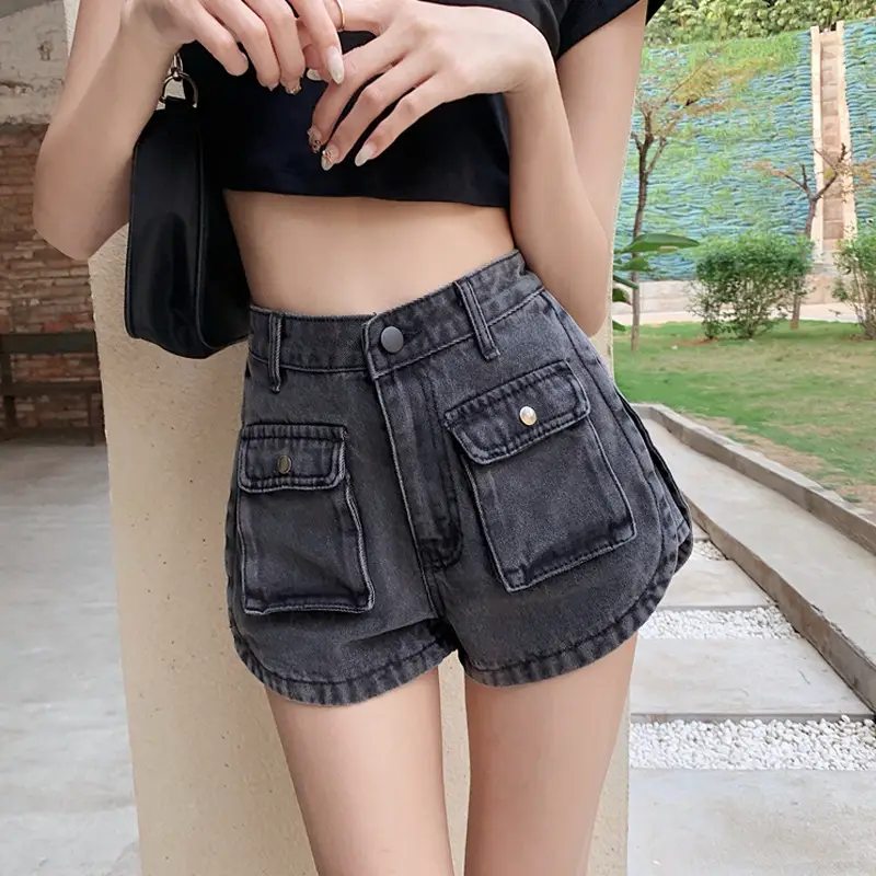 Women Denim Shorts High Waist Slimming Pocket Hot Pants Grey Wide Leg A-Line