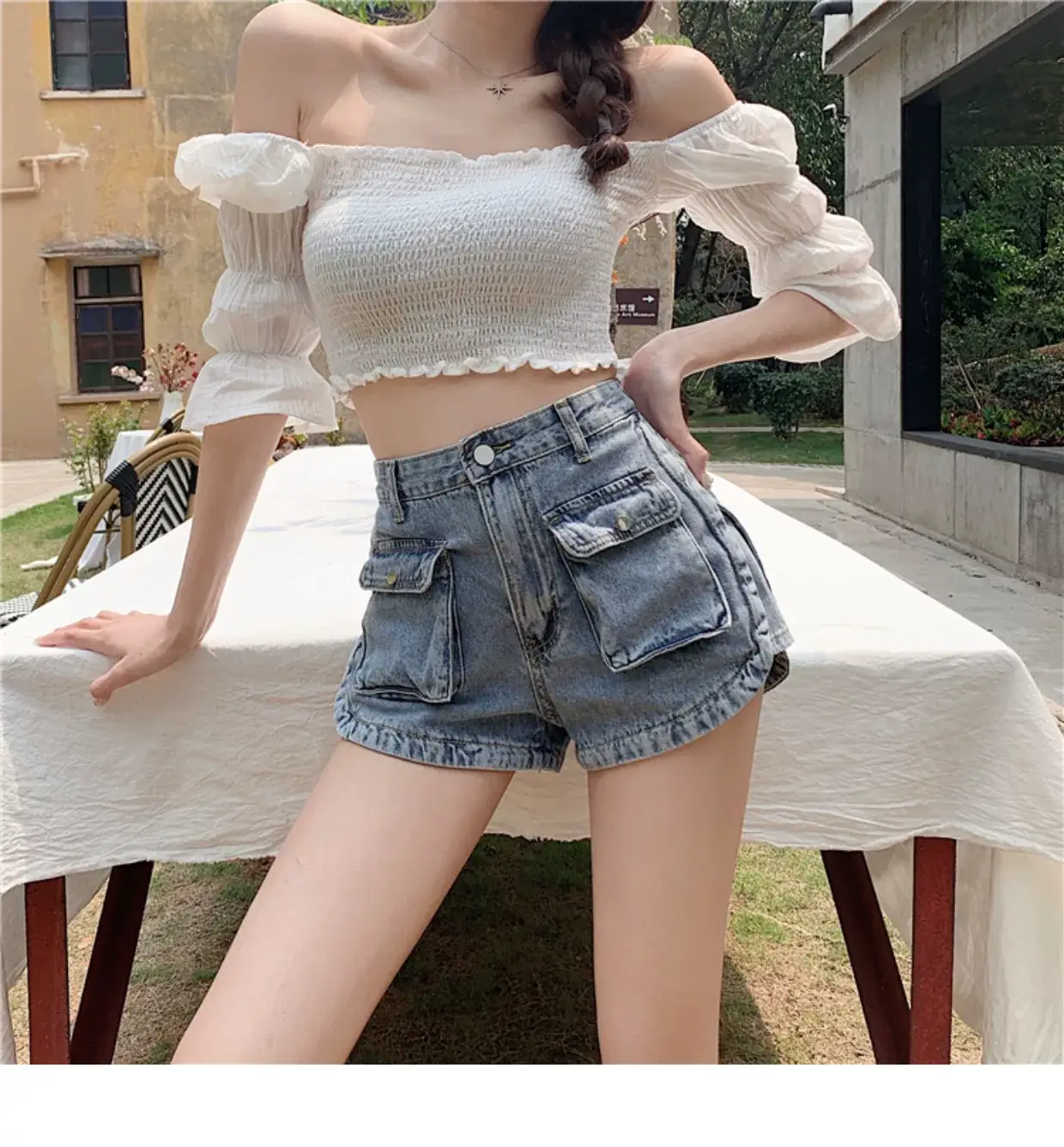 Women Denim Shorts High Waist Slimming Pocket Hot Pants Grey Wide Leg A-Line — feature 10