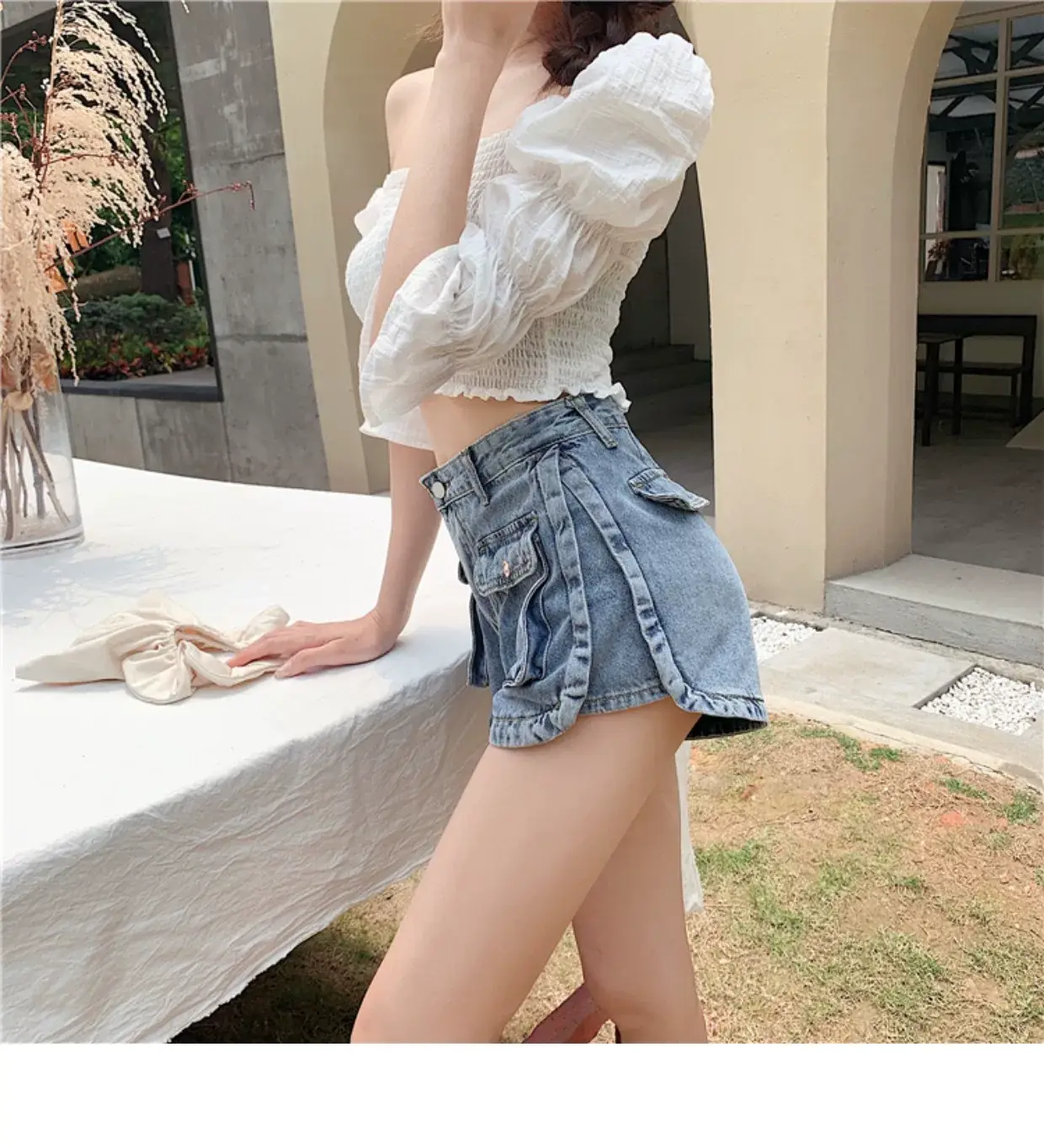 Women Denim Shorts High Waist Slimming Pocket Hot Pants Grey Wide Leg A-Line — feature 11