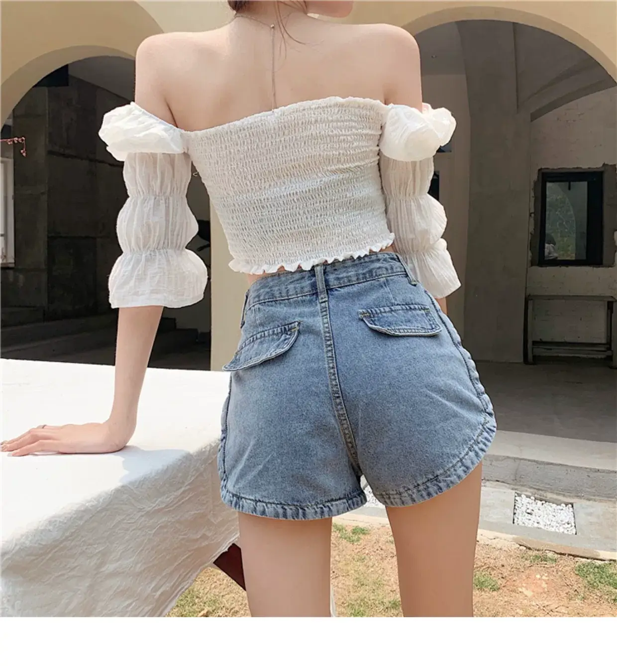 Women Denim Shorts High Waist Slimming Pocket Hot Pants Grey Wide Leg A-Line — feature 13