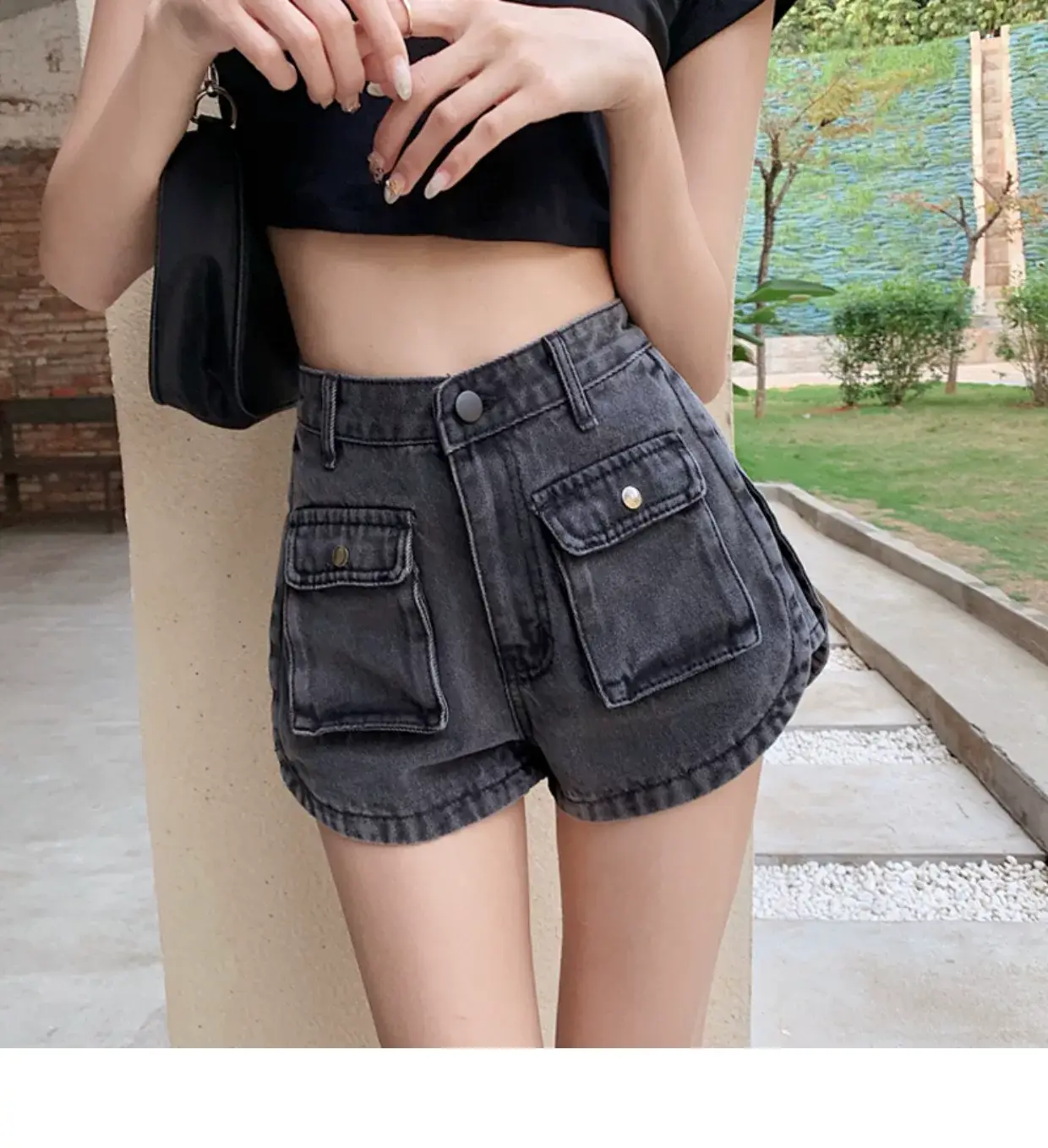 Women Denim Shorts High Waist Slimming Pocket Hot Pants Grey Wide Leg A-Line — feature 3
