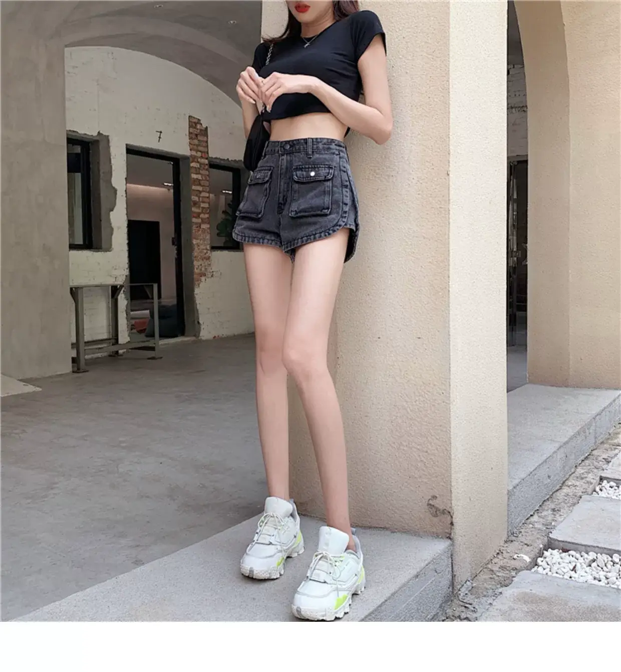 Women Denim Shorts High Waist Slimming Pocket Hot Pants Grey Wide Leg A-Line — feature 4