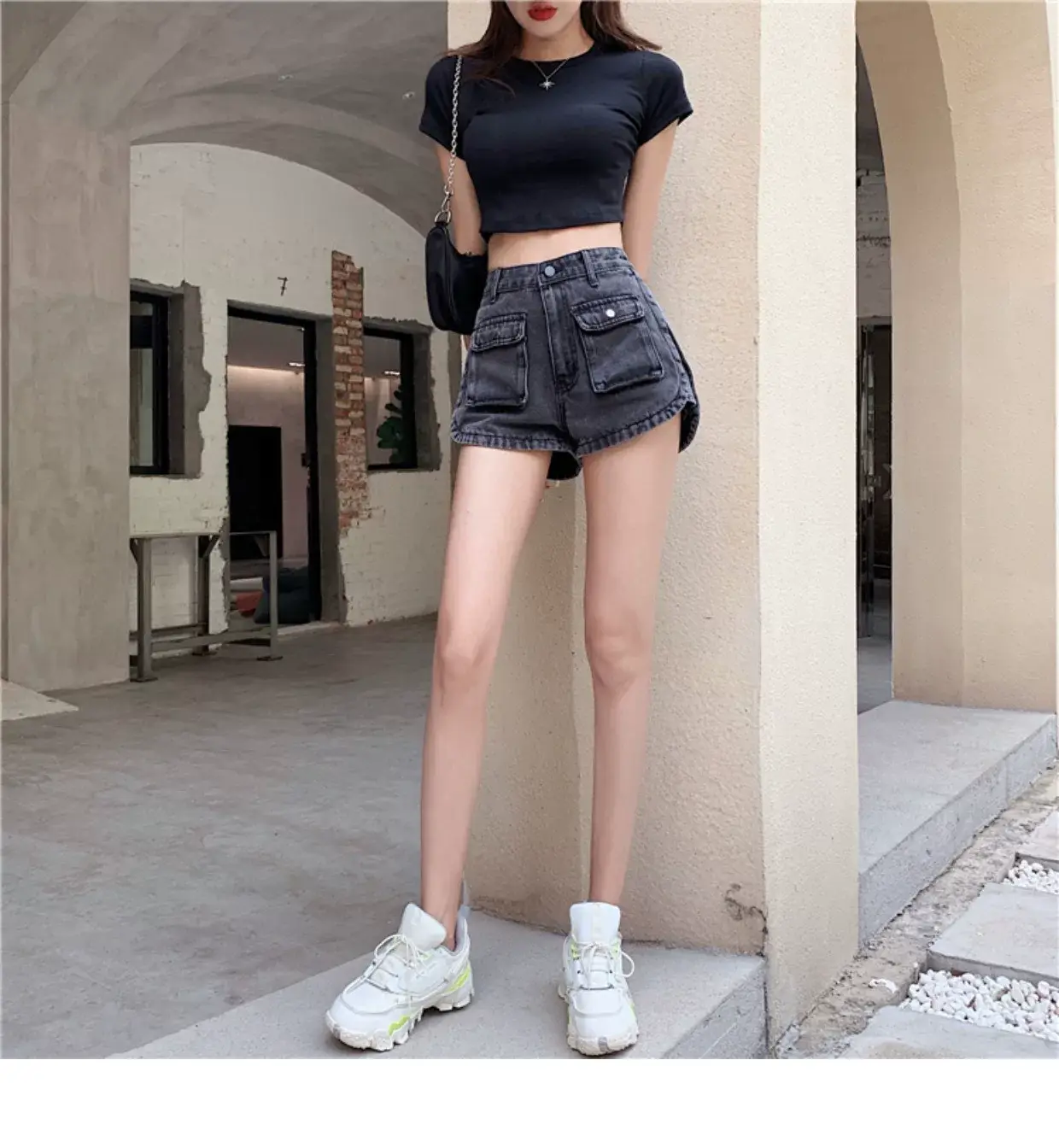 Women Denim Shorts High Waist Slimming Pocket Hot Pants Grey Wide Leg A-Line — feature 5