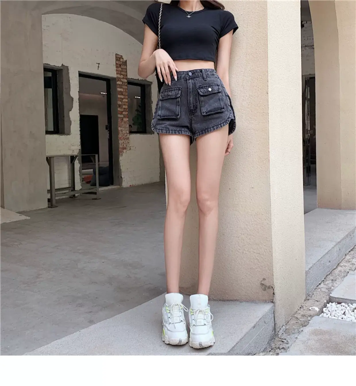 Women Denim Shorts High Waist Slimming Pocket Hot Pants Grey Wide Leg A-Line — feature 6