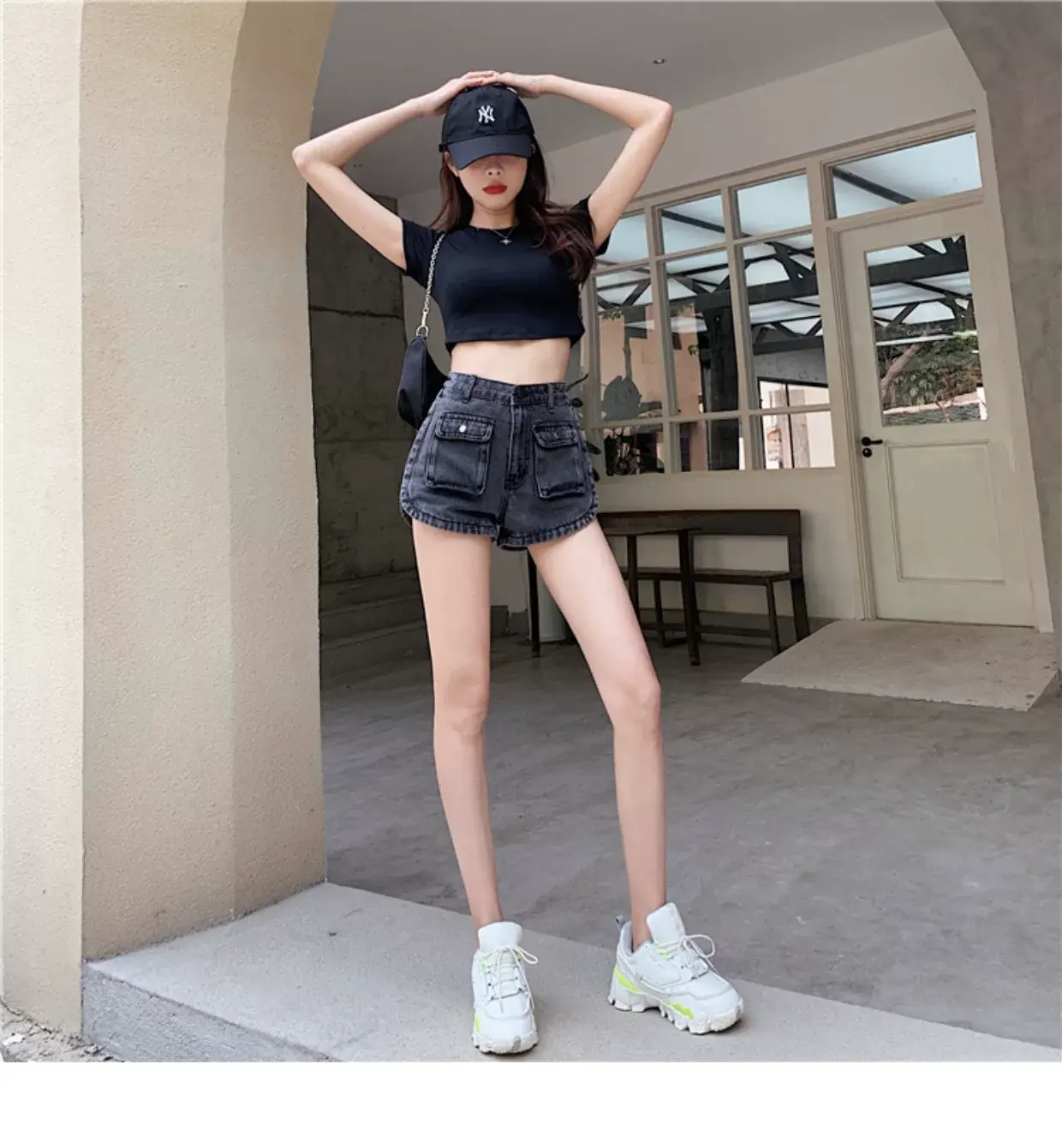 Women Denim Shorts High Waist Slimming Pocket Hot Pants Grey Wide Leg A-Line — feature 7