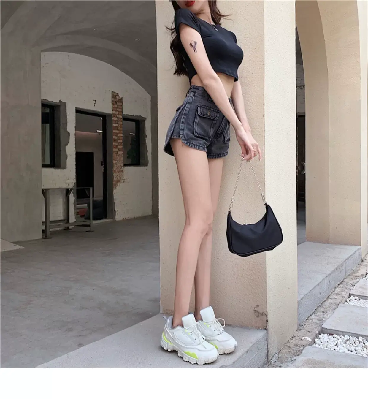 Women Denim Shorts High Waist Slimming Pocket Hot Pants Grey Wide Leg A-Line — feature 8