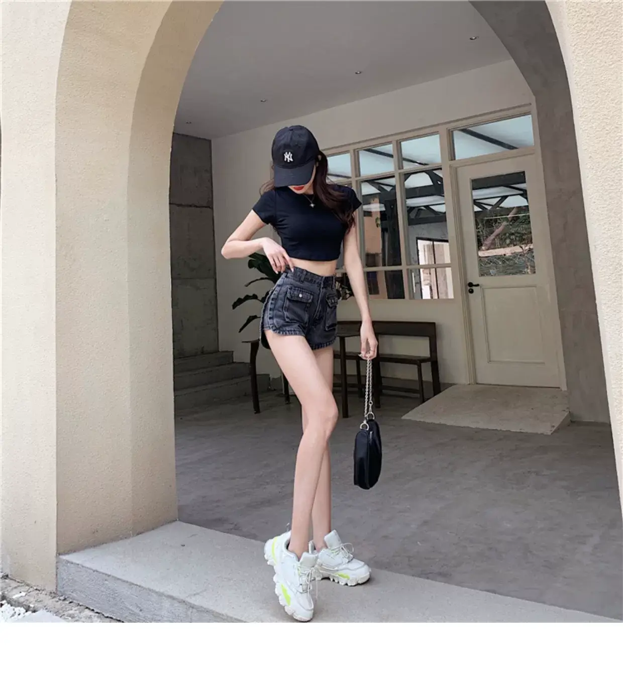Women Denim Shorts High Waist Slimming Pocket Hot Pants Grey Wide Leg A-Line — feature 9