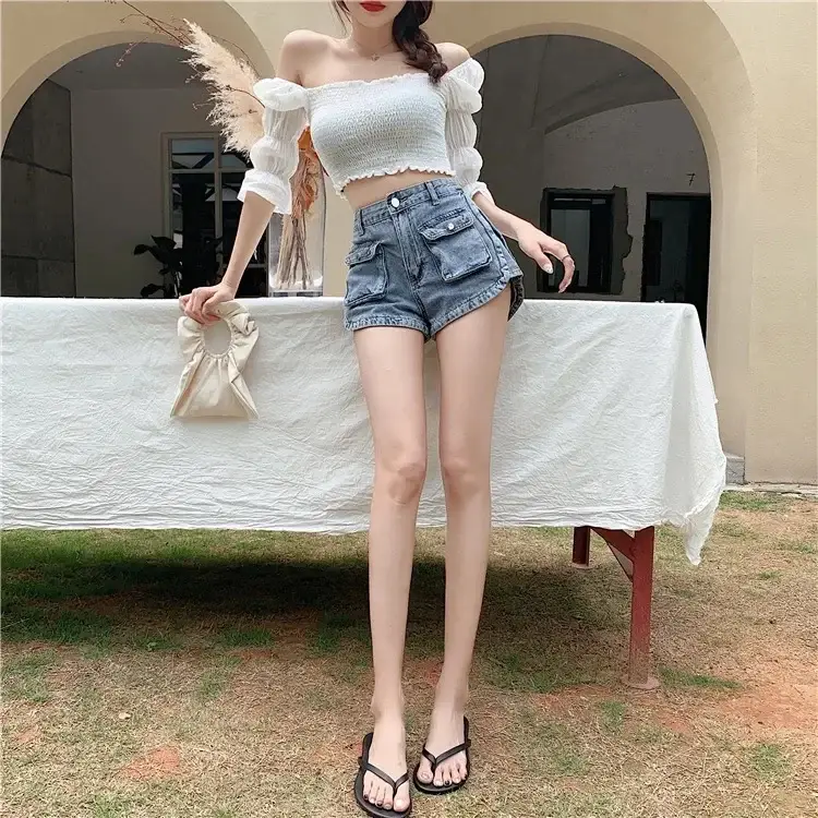 Women Denim Shorts High Waist Slimming Pocket Hot Pants Grey Wide Leg A-Line