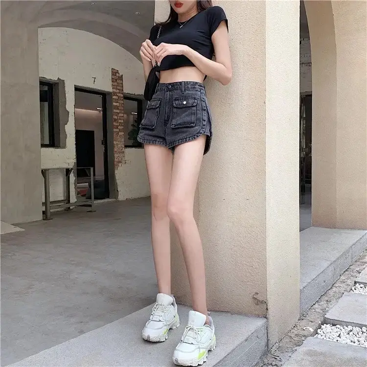 Women Denim Shorts High Waist Slimming Pocket Hot Pants Grey Wide Leg A-Line