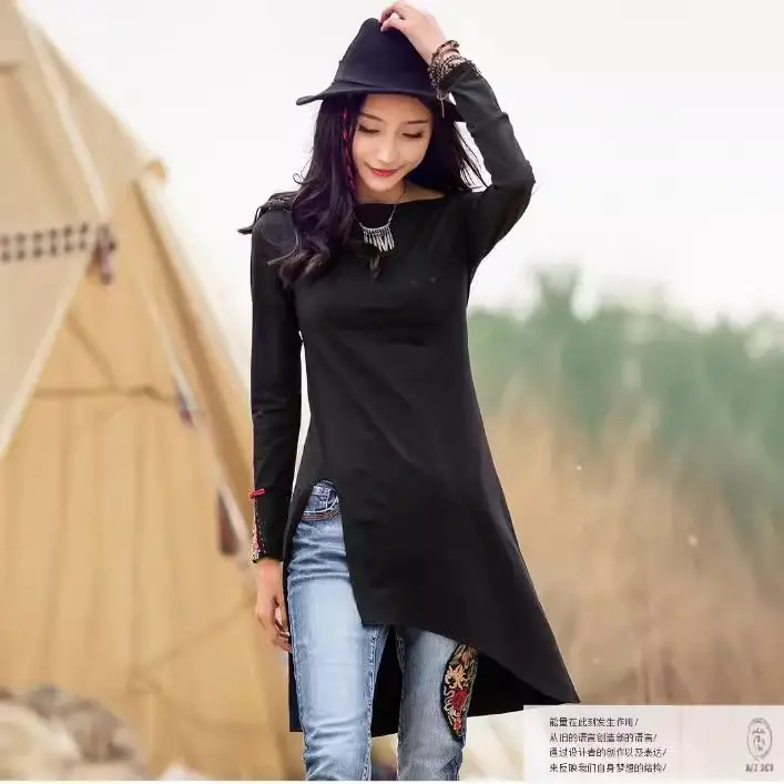 Women Long Sleeve Embroidered T-Shirt Red Mid-Length Ethnic - Image 4