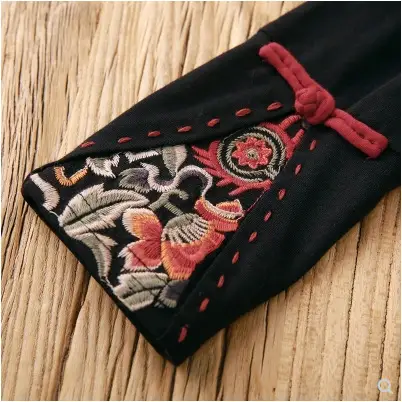 Women Long Sleeve Embroidered T-Shirt Red Mid-Length Ethnic - Image 6
