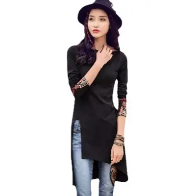 Women Long Sleeve Embroidered T-Shirt Red Mid-Length Ethnic - Image 7