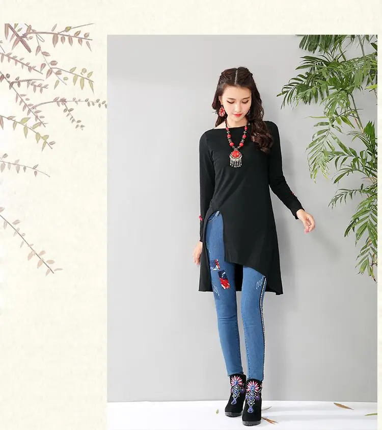 Women Long Sleeve Embroidered T-Shirt Red Mid-Length Ethnic — feature 11
