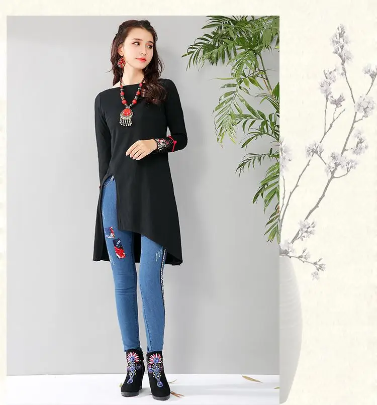 Women Long Sleeve Embroidered T-Shirt Red Mid-Length Ethnic — feature 12