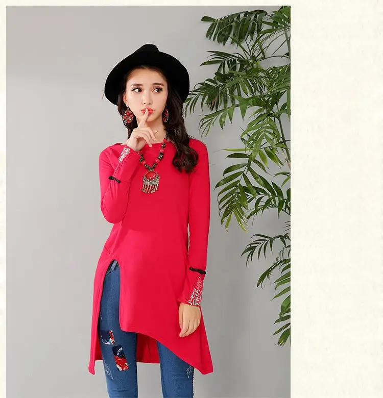 Women Long Sleeve Embroidered T-Shirt Red Mid-Length Ethnic — feature 13