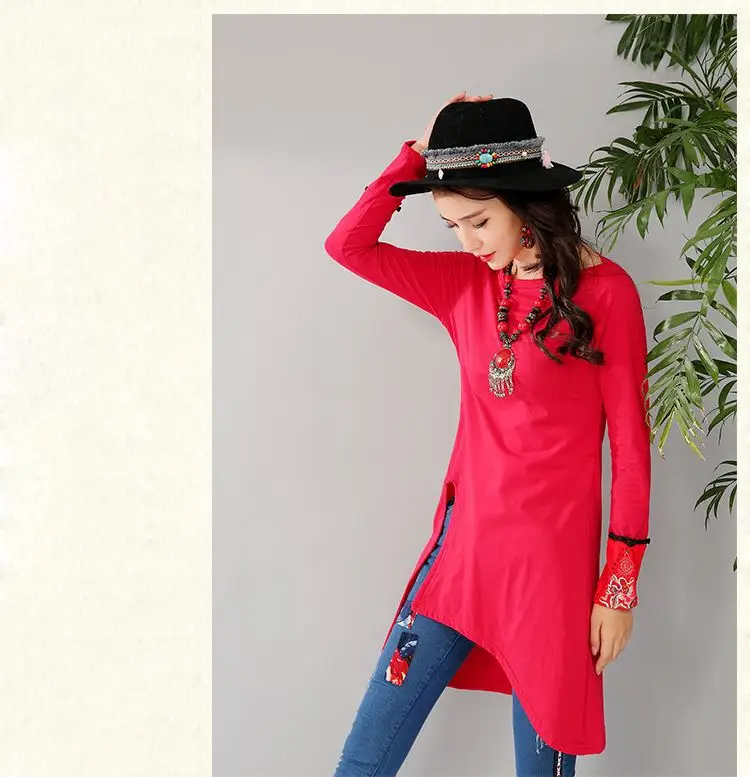 Women Long Sleeve Embroidered T-Shirt Red Mid-Length Ethnic — feature 15