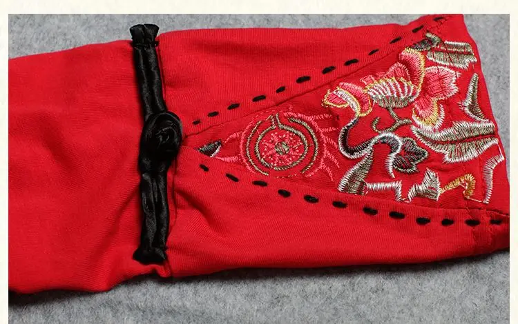 Women Long Sleeve Embroidered T-Shirt Red Mid-Length Ethnic — feature 17