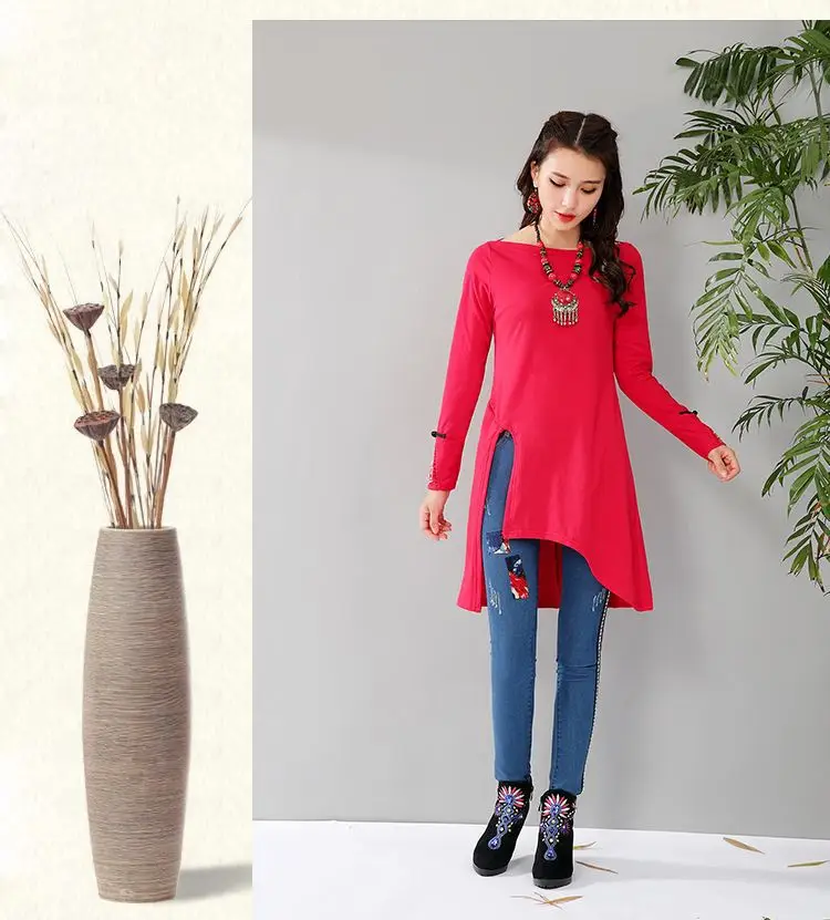 Women Long Sleeve Embroidered T-Shirt Red Mid-Length Ethnic — feature 7