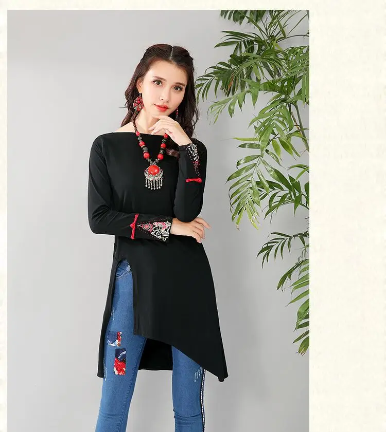 Women Long Sleeve Embroidered T-Shirt Red Mid-Length Ethnic — feature 9