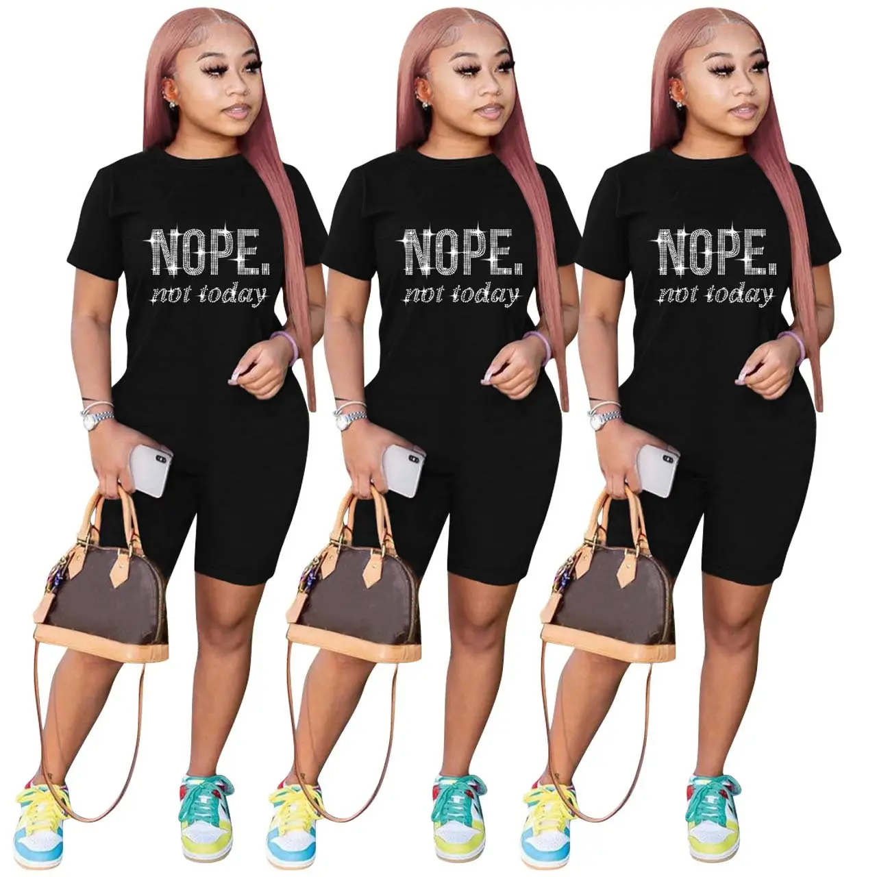 Women Black T-Shirt Shorts Set Nope Print Casual Outfit