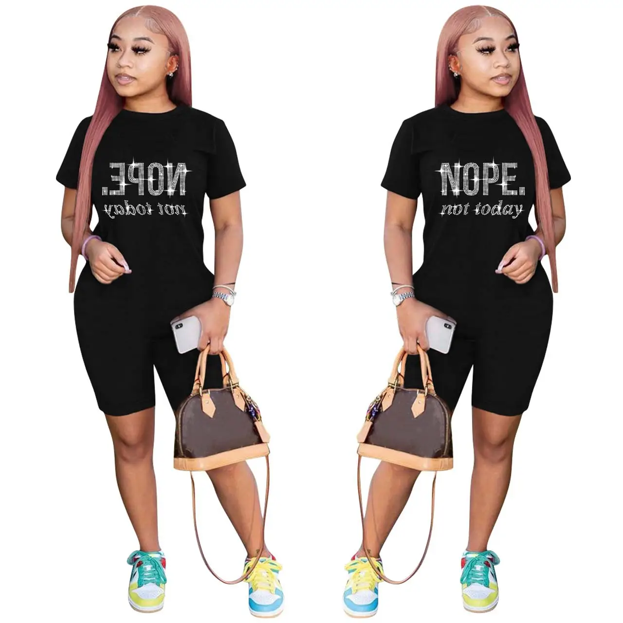 Women Black T-Shirt Shorts Set Nope Print Casual Outfit