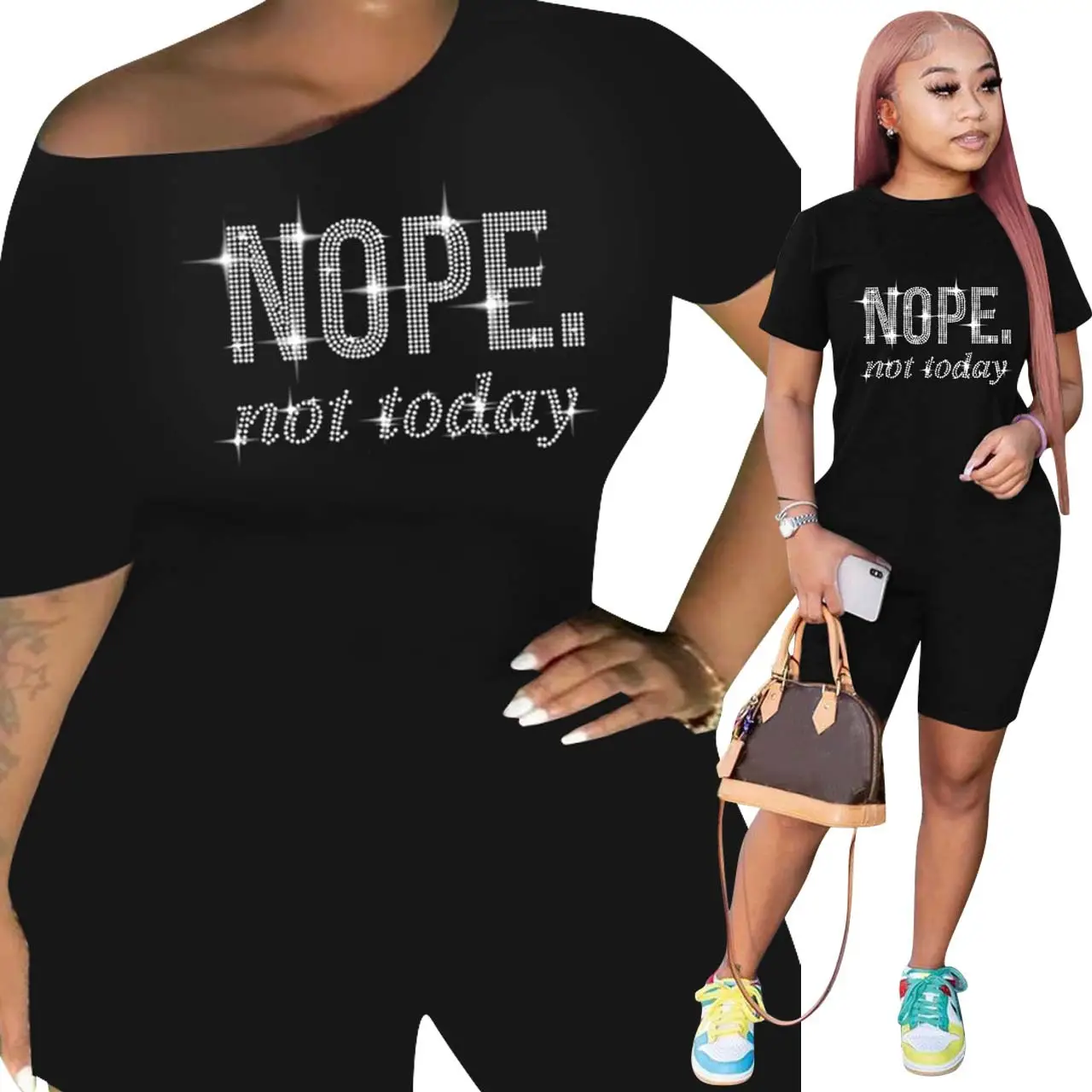 Women Black T-Shirt Shorts Set Nope Print Casual Outfit