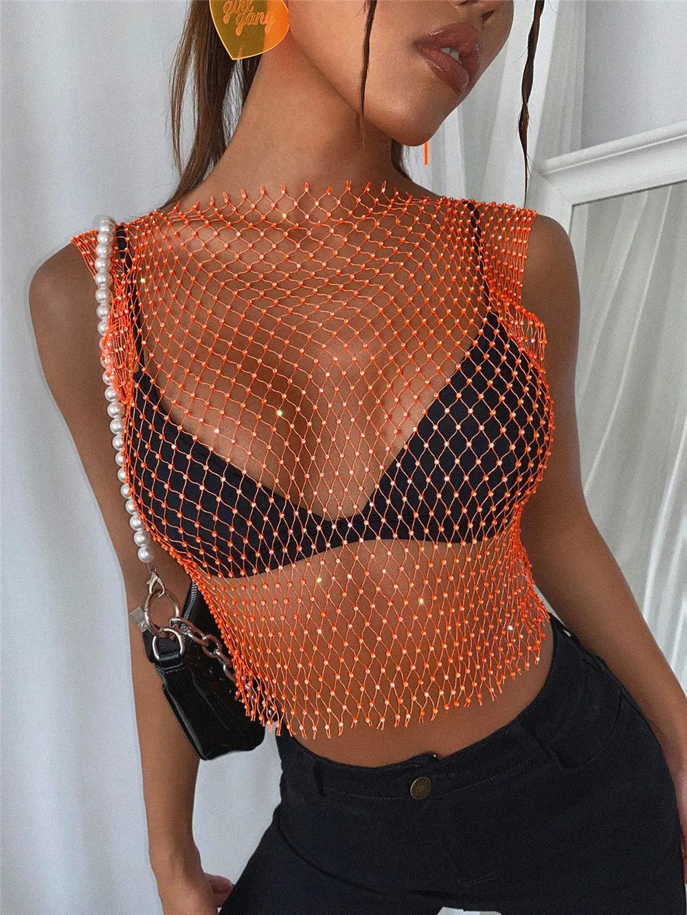 Black Hollow Out Slim Fit Halter Neck Lace Top - Image 9