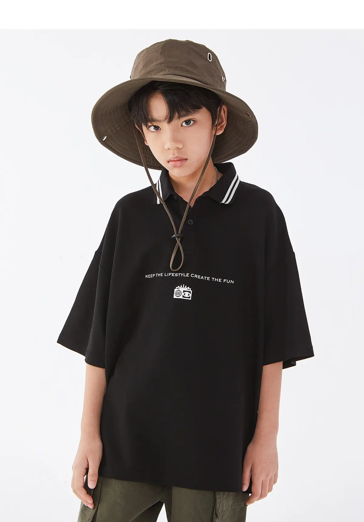 Kids Black Polo Shirt with White Trim — feature 13
