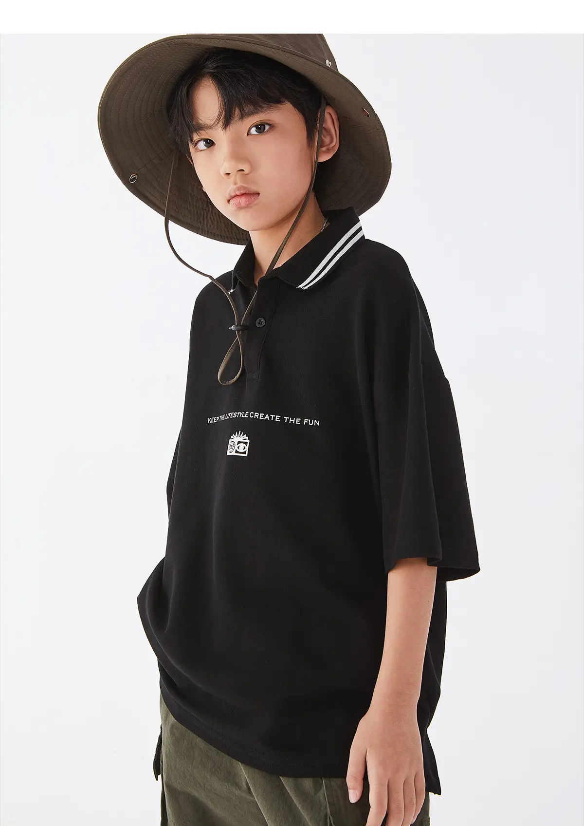 Kids Black Polo Shirt with White Trim — feature 14