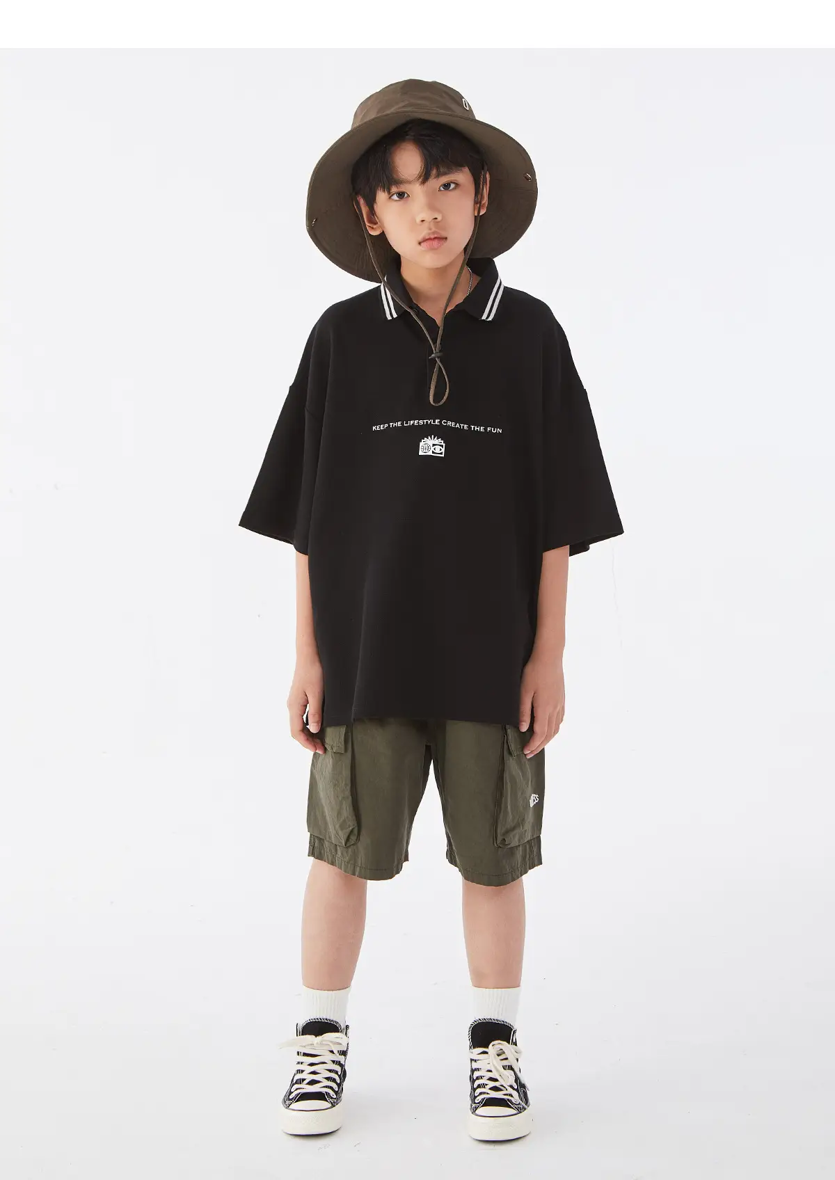 Kids Black Polo Shirt with White Trim — feature 16